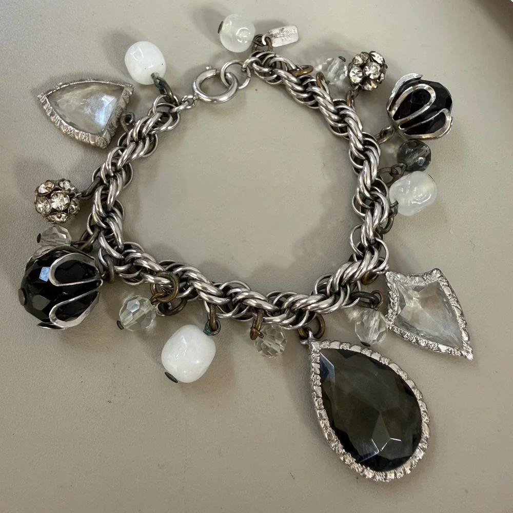 Vtg Accessocraft NYC Runway Gothic Statement Charm Bracelet Smoky Crystal Lucite